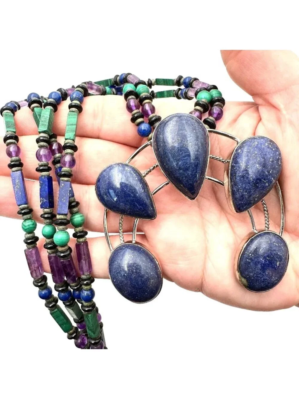 Southwest Lapis Lazuli Naja Pendant Sterling SIlver Necklace 153 Grams